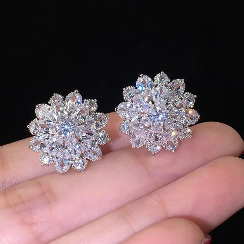 S925 Ice Flower 5A Zircon Stud Earrings, Sterling Silver Jewelry for Women