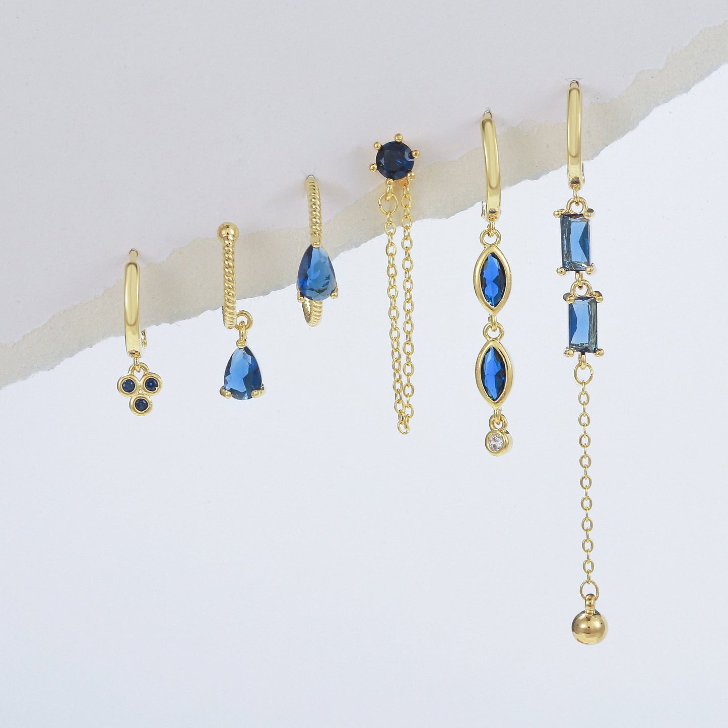 6 Pieces Long Tassel Vintage Earring Set with Micro-Pavé Dazzling Blue Zircons, 18k Gold Plated Ear Studs & Ear Drops, S925 Needle, Stacked Lobe Designs with Dazzling Zirconia