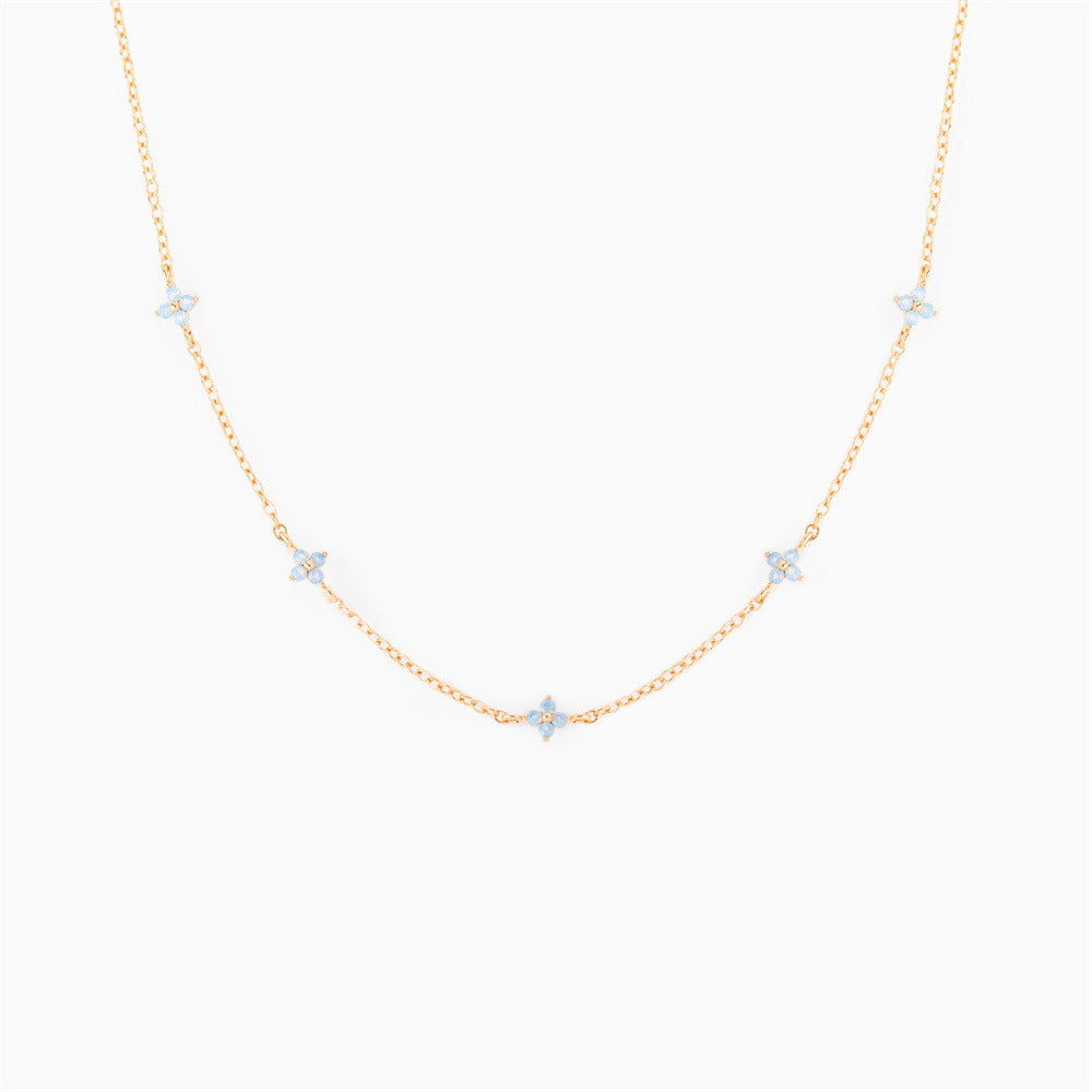 18K Gold Plated Tiny Blue Flower Necklace For Women, Gold Color Cute Pendant Necklace, Trendy Female Fashion Jewelry