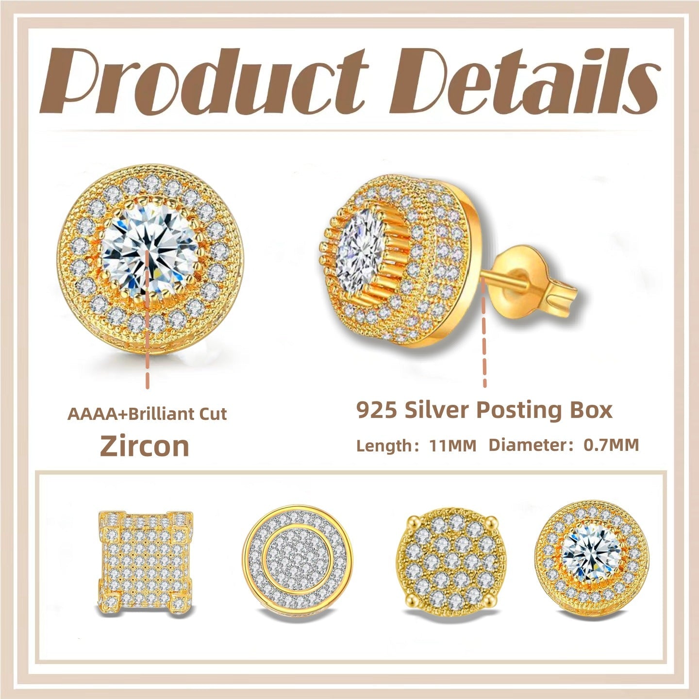 Iced Out CZ 18k Dazzling Stud Earrings, S925 Silver Post, 4 Style Options, Hip Hop Hypoallergenic 4A Cubic Zirconia Bling Studs for Men and Women