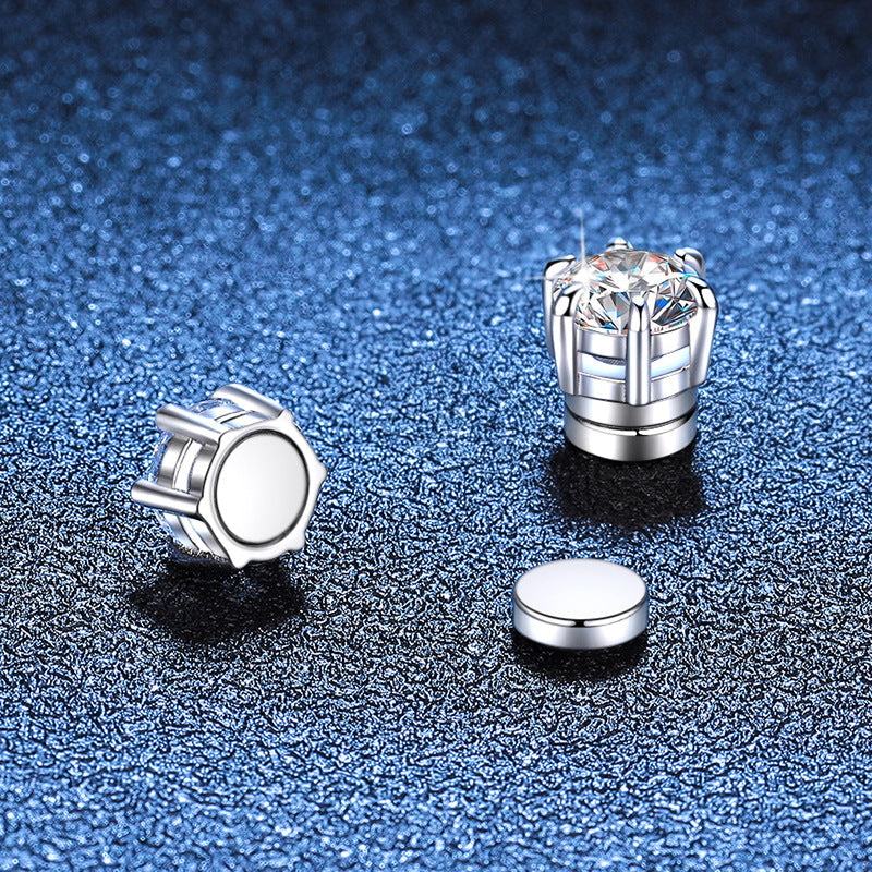 S925 Magnetic Moissanite / CZ Stud Earrings for Men Women, 1ct 6.5mm 6-Prong Round Cut, Inlaid Magnetic Earrings Non-Piercing Clip On Stud Earring
