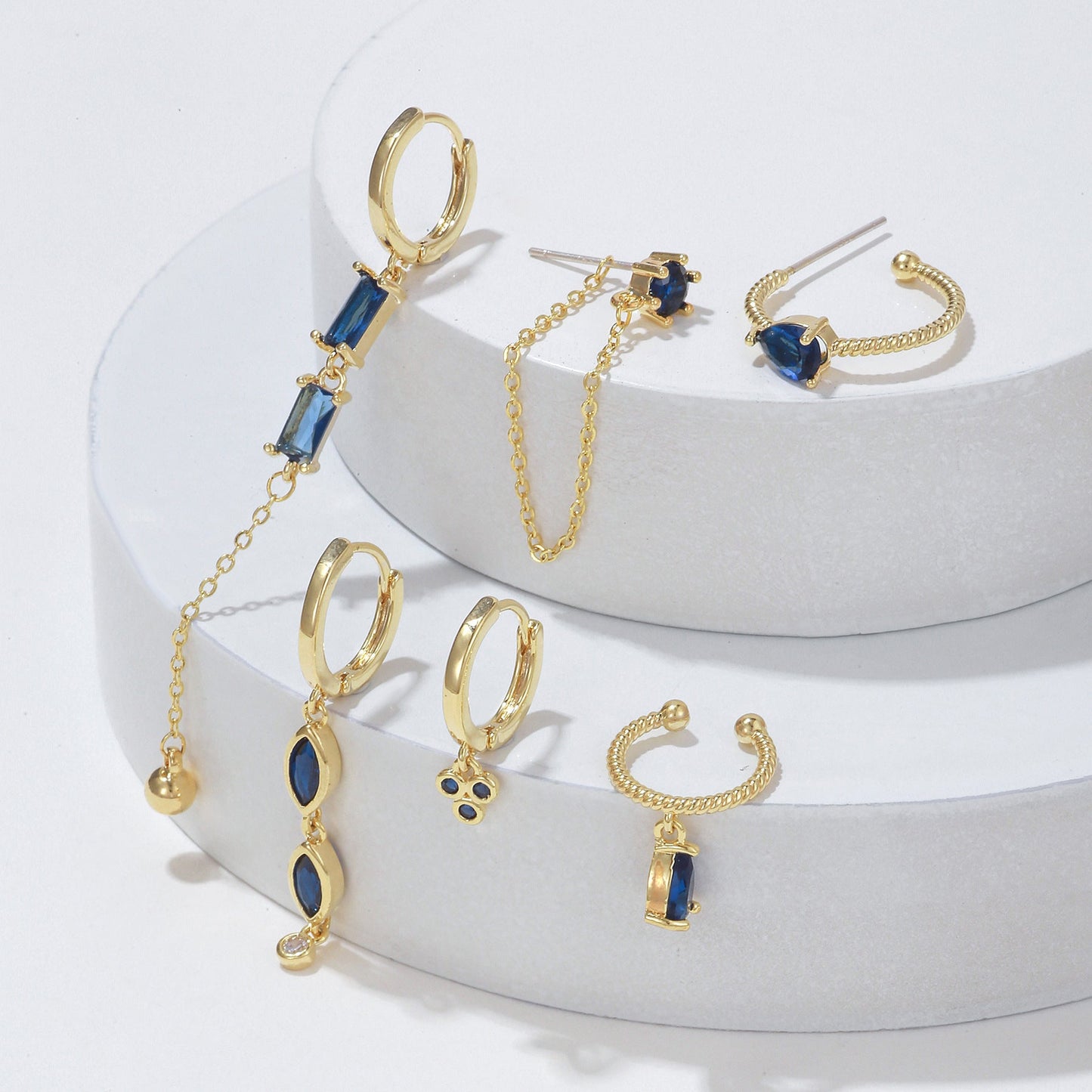 6 Pieces Long Tassel Vintage Earring Set with Micro-Pavé Dazzling Blue Zircons, 18k Gold Plated Ear Studs & Ear Drops, S925 Needle, Stacked Lobe Designs with Dazzling Zirconia