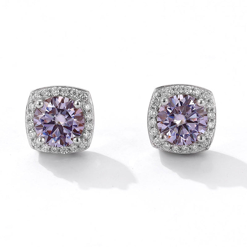 S925 Magnetic Multicolor Moissanite Square Halo Stud Earrings for Men Women, 0.5/1ct Round Cut, Inlaid Magnetic Earrings Non-Piercing Clip On Stud Earring