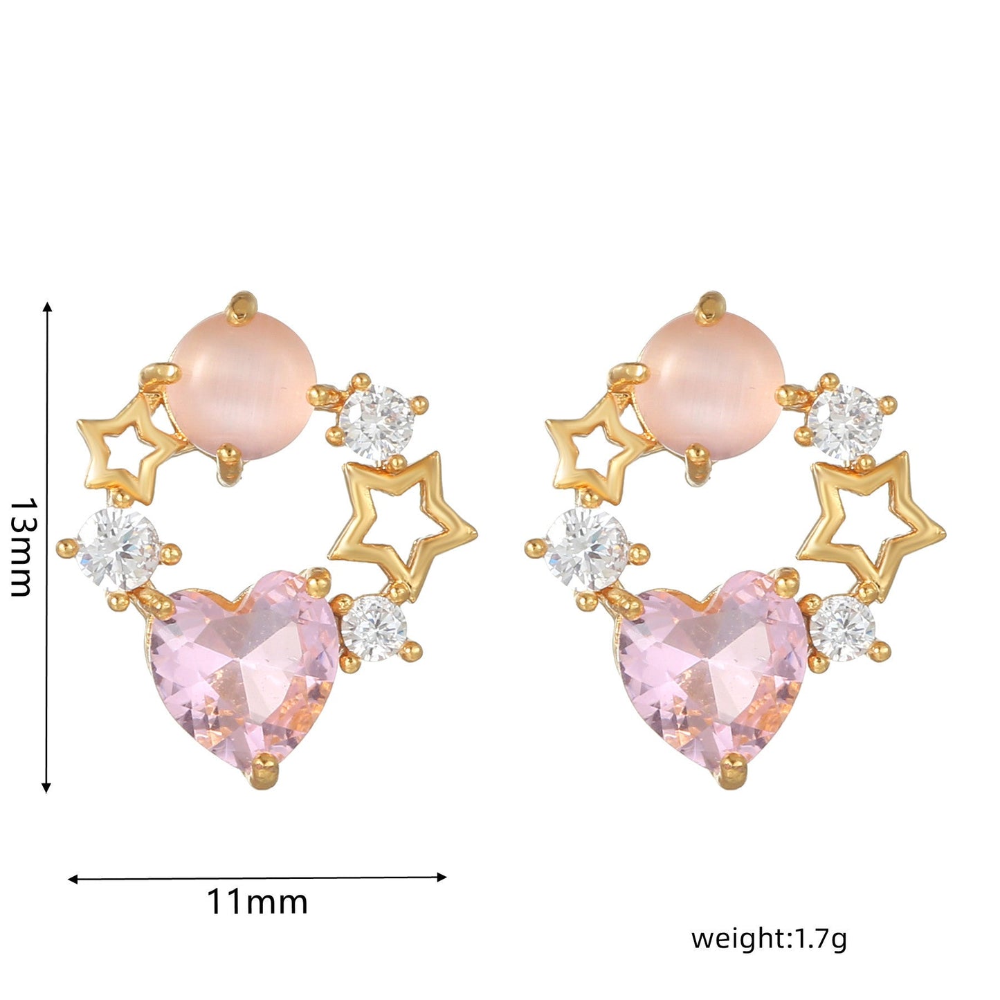 16 Pairs Pink Heart Stud Hoop Huggies Drop Earrings Set, 18K Gold Plated Stacking CZ & Pearl Designs, Planet Snowflake Moon Star