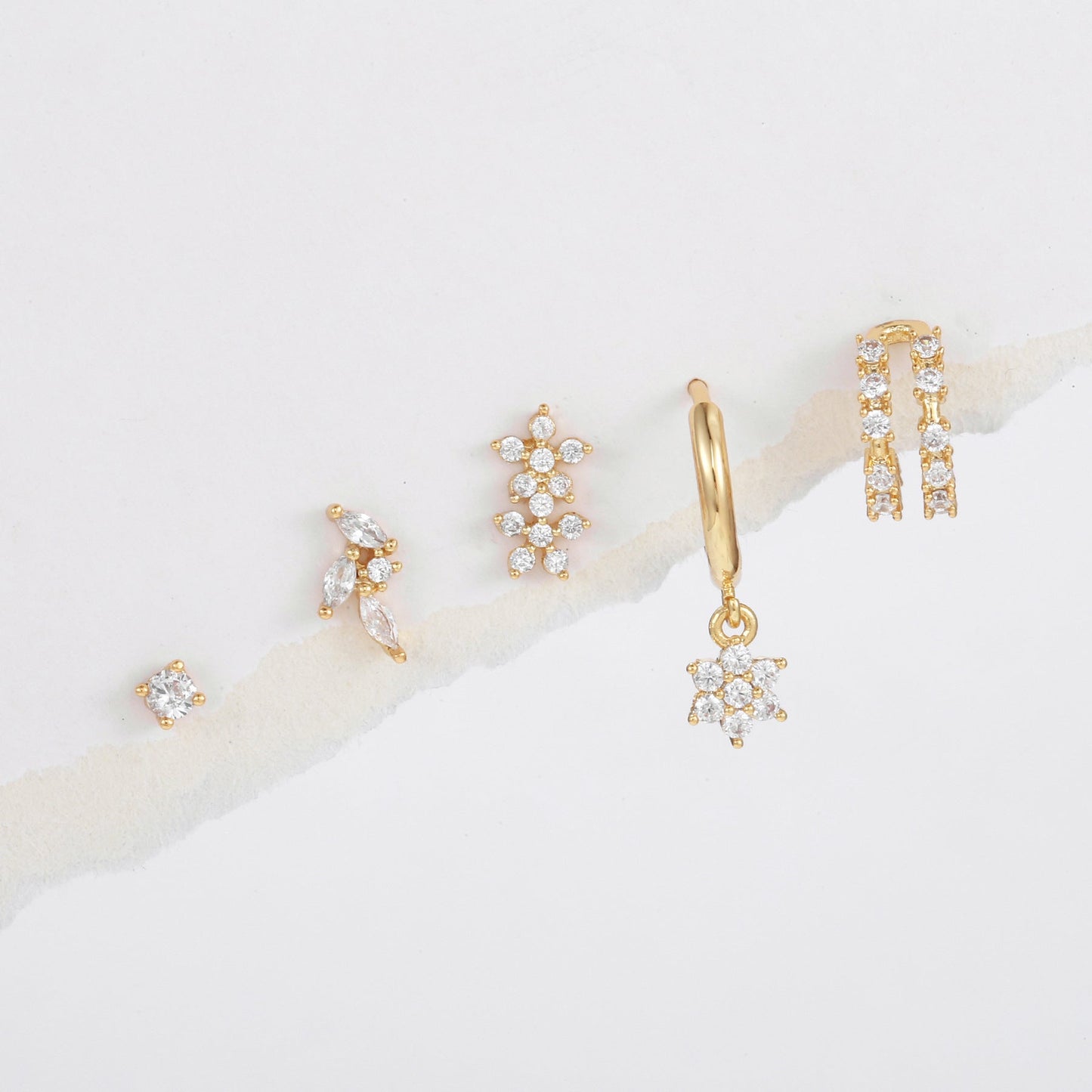 5 Pieces Floral & Geometric Zirconia Earring Set, 18k Gold Plated Studs, Drops & Hoops, S925 Needle, Stacked Lobe Designs with Dazzling Zirconia
