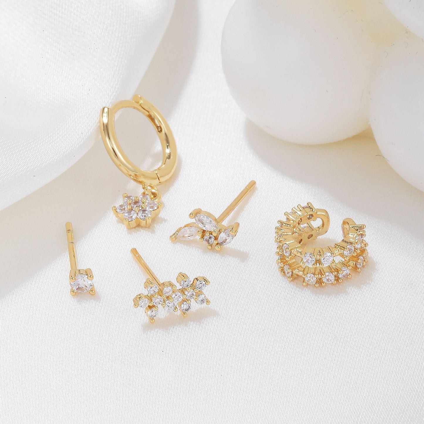 5 Pieces Floral & Geometric Zirconia Earring Set, 18k Gold Plated Studs, Drops & Hoops, S925 Needle, Stacked Lobe Designs with Dazzling Zirconia