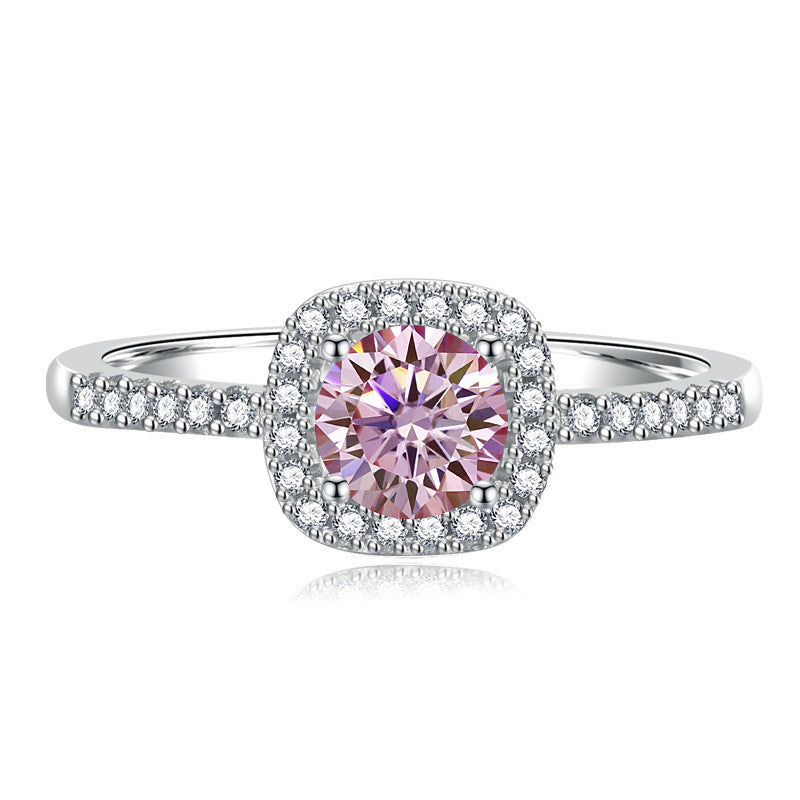 S925 Multicolor Moissanite Cushion Halo Adjustable Rings with Pavé-Set Band & Square Accents, 0.5ct-2ct D-Grade VVS Certificate, 12 Vibrant Colors, Sterling Silver Jewelry