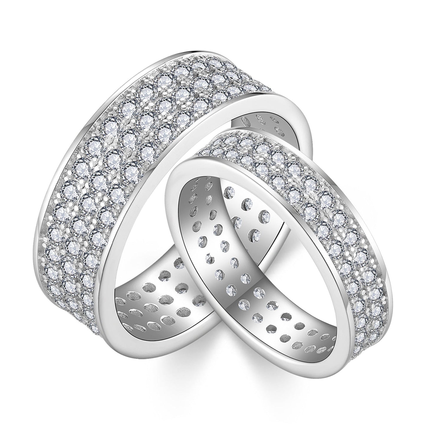 S925 Moissanite Matching Couple Eternity Bands Wedding Rings, Two-Row 1ct & Three-Row 1.8ct, D-Grade VVS, 18K White Gold Plated Unisex Rings