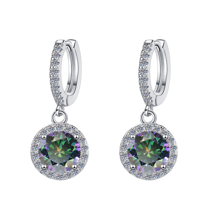 S925 Colorful Moissanite/CZ Round Halo Drop Earrings, 1ct D-Grade VVS Certificate, Hypoallergenic Sterling Silver Gift