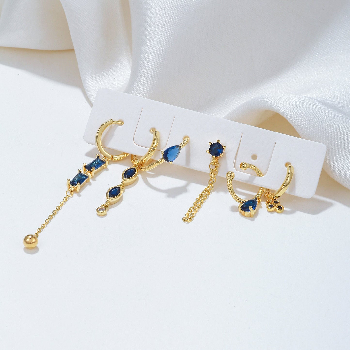 6 Pieces Long Tassel Vintage Earring Set with Micro-Pavé Dazzling Blue Zircons, 18k Gold Plated Ear Studs & Ear Drops, S925 Needle, Stacked Lobe Designs with Dazzling Zirconia
