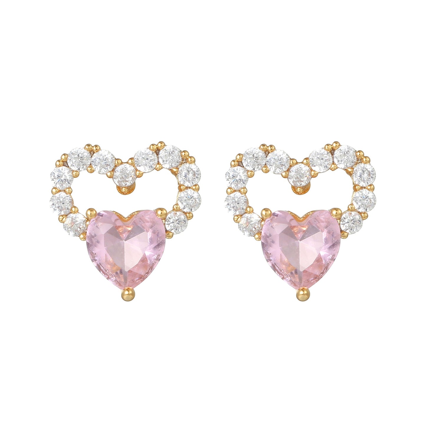 16 Pairs Pink Heart Stud Hoop Huggies Drop Earrings Set, 18K Gold Plated Stacking CZ & Pearl Designs, Planet Snowflake Moon Star