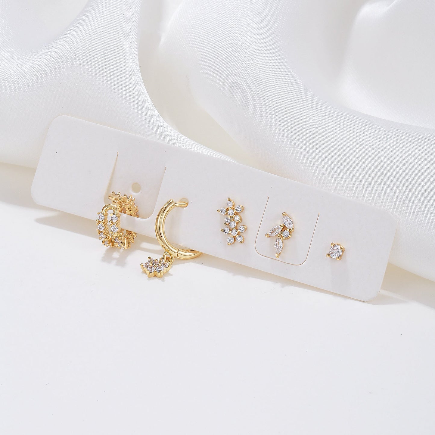 5 Pieces Floral & Geometric Zirconia Earring Set, 18k Gold Plated Studs, Drops & Hoops, S925 Needle, Stacked Lobe Designs with Dazzling Zirconia