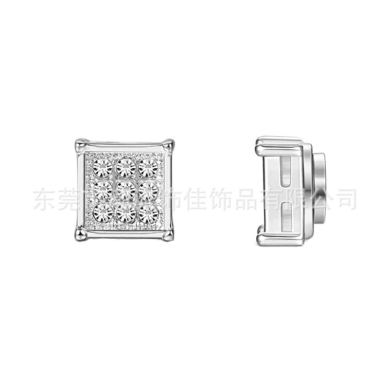 Stainless Steel Magnetic Iced Out CZ Square Stud Earrings for Men Women, 9 Mini Cubic Zirconia Inlaid Magnetic Earrings Non-Piercing Clip On Stud Earring