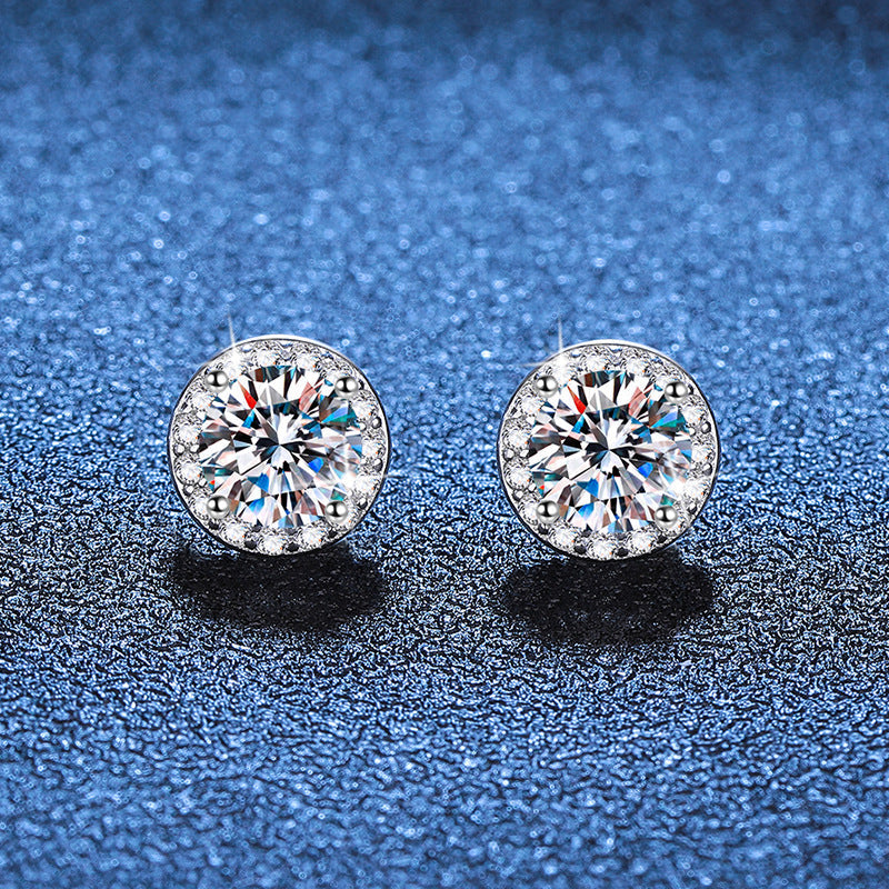 S925 Magnetic Moissanite / CZ Round Halo Stud Earrings for Men Women, 1ct 6.5mm Round Cut, Inlaid Magnetic Earrings Non-Piercing Clip On Stud Earring
