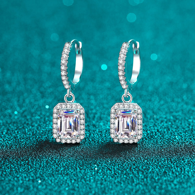 S925 Emerald Cut Moissanite Halo Earrings with Pave Band, 1-2ct Rectangle White Moissanite Sterling Silver, Engagement Wedding Drop Dangle