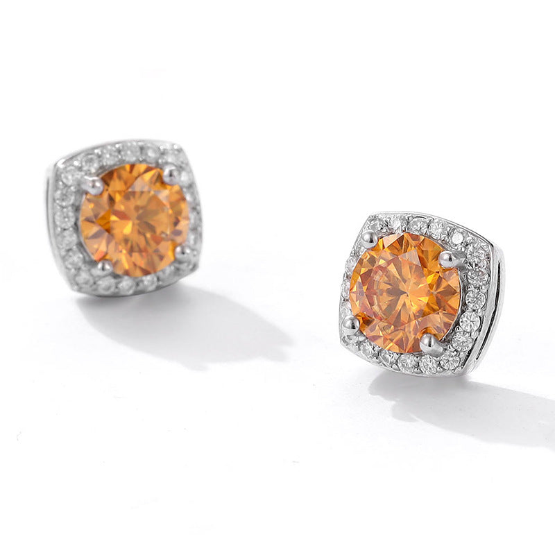 S925 Magnetic Multicolor Moissanite Square Halo Stud Earrings for Men Women, 0.5/1ct Round Cut, Inlaid Magnetic Earrings Non-Piercing Clip On Stud Earring