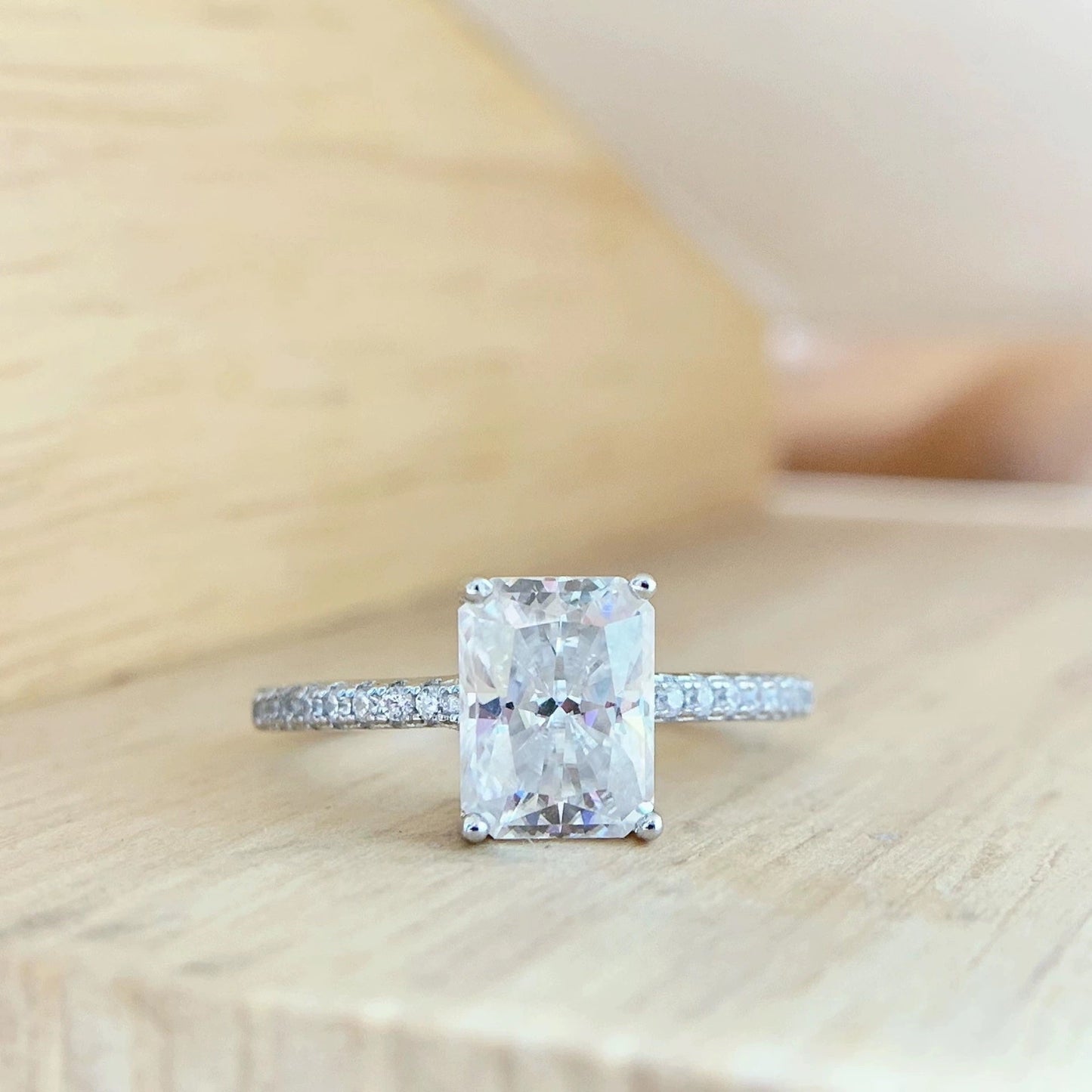 S925 Radiant Cut Moissanite & High Carbon Engagement Ring with Pavé-Set Band, 1-3 Carat VVS1 D-Color Certified, Four-Prong Sterling Silver Ring