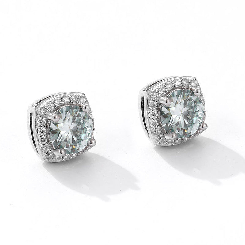 S925 Magnetic Multicolor Moissanite Square Halo Stud Earrings for Men Women, 0.5/1ct Round Cut, Inlaid Magnetic Earrings Non-Piercing Clip On Stud Earring