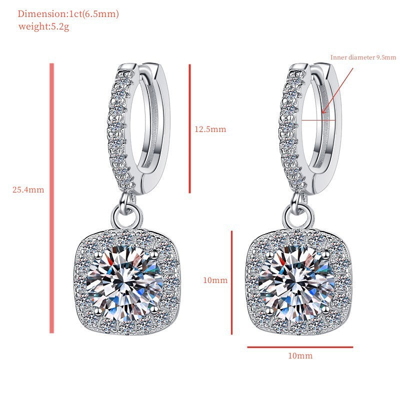 S925 Rainbow Green Moissanite Square Halo Earrings with Pavé-Set Halo & Hoop, 1ct D-Grade VVS1 Round Moissanite with GAR certification, Sterling Silver Earrings