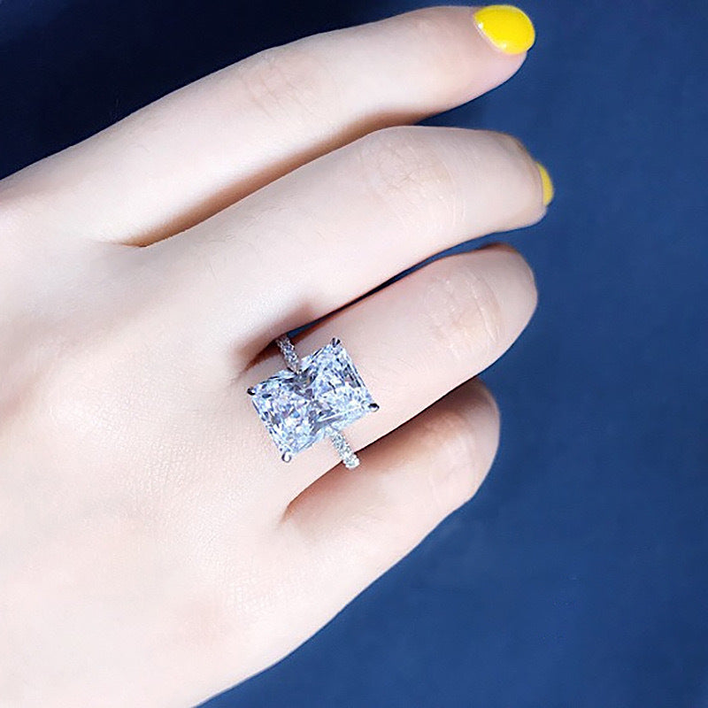 Stunning Radiant Cut CZ Ring, Cubic Zirconia with Pave Band, White Gold Plated Dainty Ring Jewelry for Part Men Women