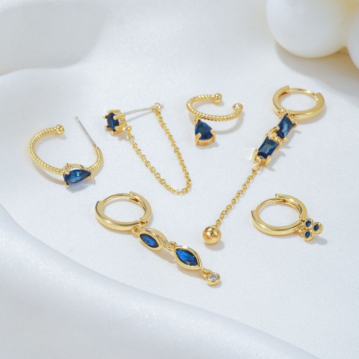 6 Pieces Long Tassel Vintage Earring Set with Micro-Pavé Dazzling Blue Zircons, 18k Gold Plated Ear Studs & Ear Drops, S925 Needle, Stacked Lobe Designs with Dazzling Zirconia