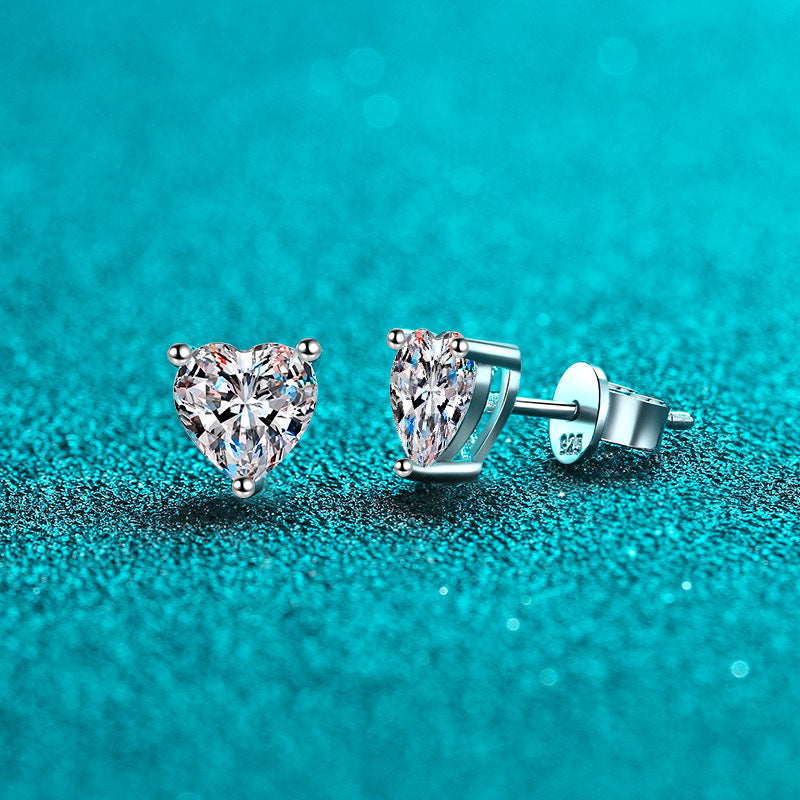 S925 Moissanite/CZ Heart Shape Stud Earrings, 1-2ct D-Grade VVS Certificate, Hypoallergenic Sterling Silver Gift