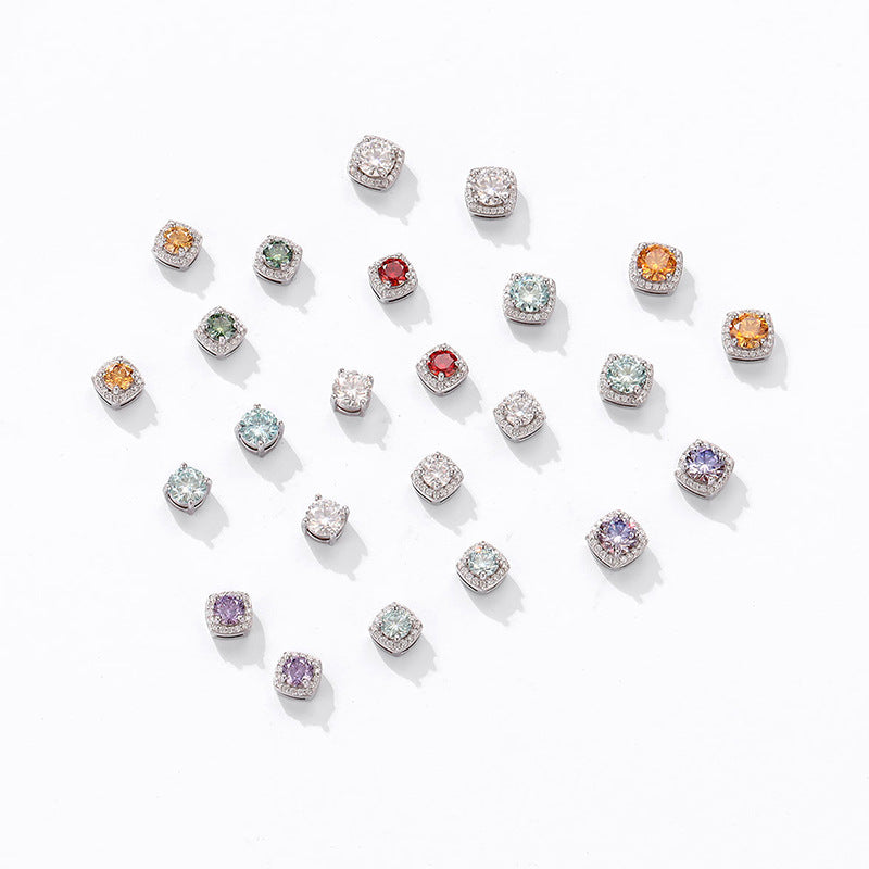 S925 Magnetic Multicolor Moissanite Square Halo Stud Earrings for Men Women, 0.5/1ct Round Cut, Inlaid Magnetic Earrings Non-Piercing Clip On Stud Earring