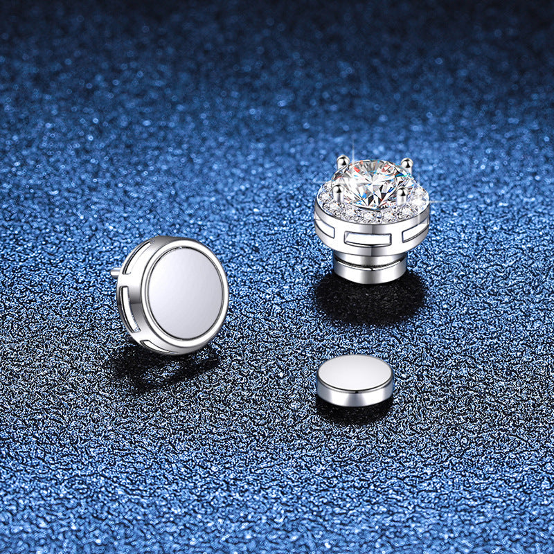 S925 Magnetic Moissanite / CZ Round Halo Stud Earrings for Men Women, 1ct 6.5mm Round Cut, Inlaid Magnetic Earrings Non-Piercing Clip On Stud Earring