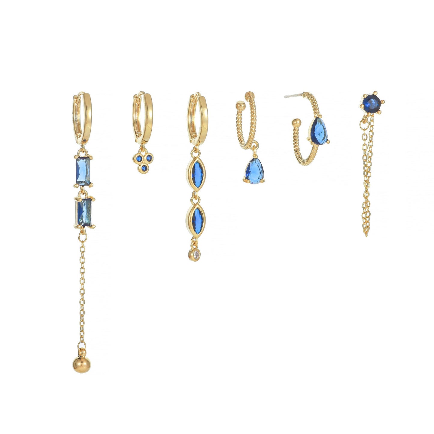 6 Pieces Long Tassel Vintage Earring Set with Micro-Pavé Dazzling Blue Zircons, 18k Gold Plated Ear Studs & Ear Drops, S925 Needle, Stacked Lobe Designs with Dazzling Zirconia