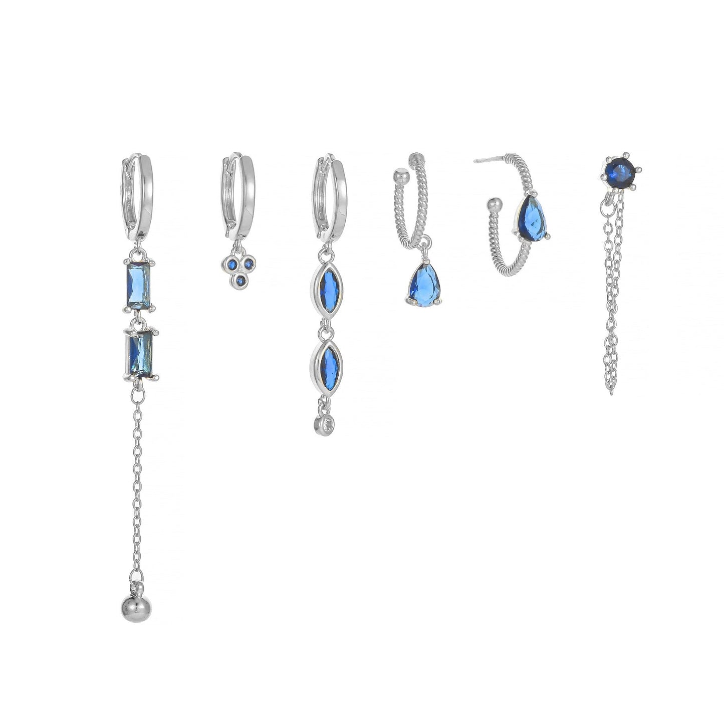 6 Pieces Long Tassel Vintage Earring Set with Micro-Pavé Dazzling Blue Zircons, 18k Gold Plated Ear Studs & Ear Drops, S925 Needle, Stacked Lobe Designs with Dazzling Zirconia