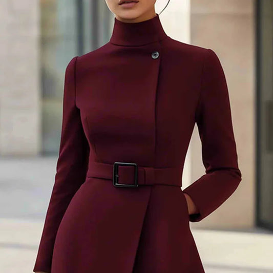 Autumn/Winter Turtleneck Solid Elegant A-Line Dress Button High Waist Pocket Long Sleeve