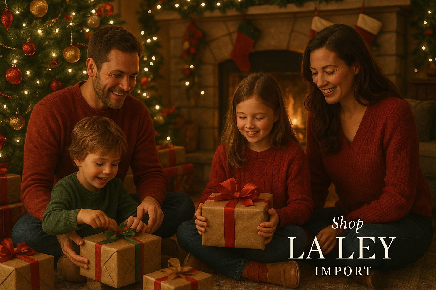 a small picture of a family opening up presents on Christmas, a background of a home and soft CTA for people to shop at la Ley Import