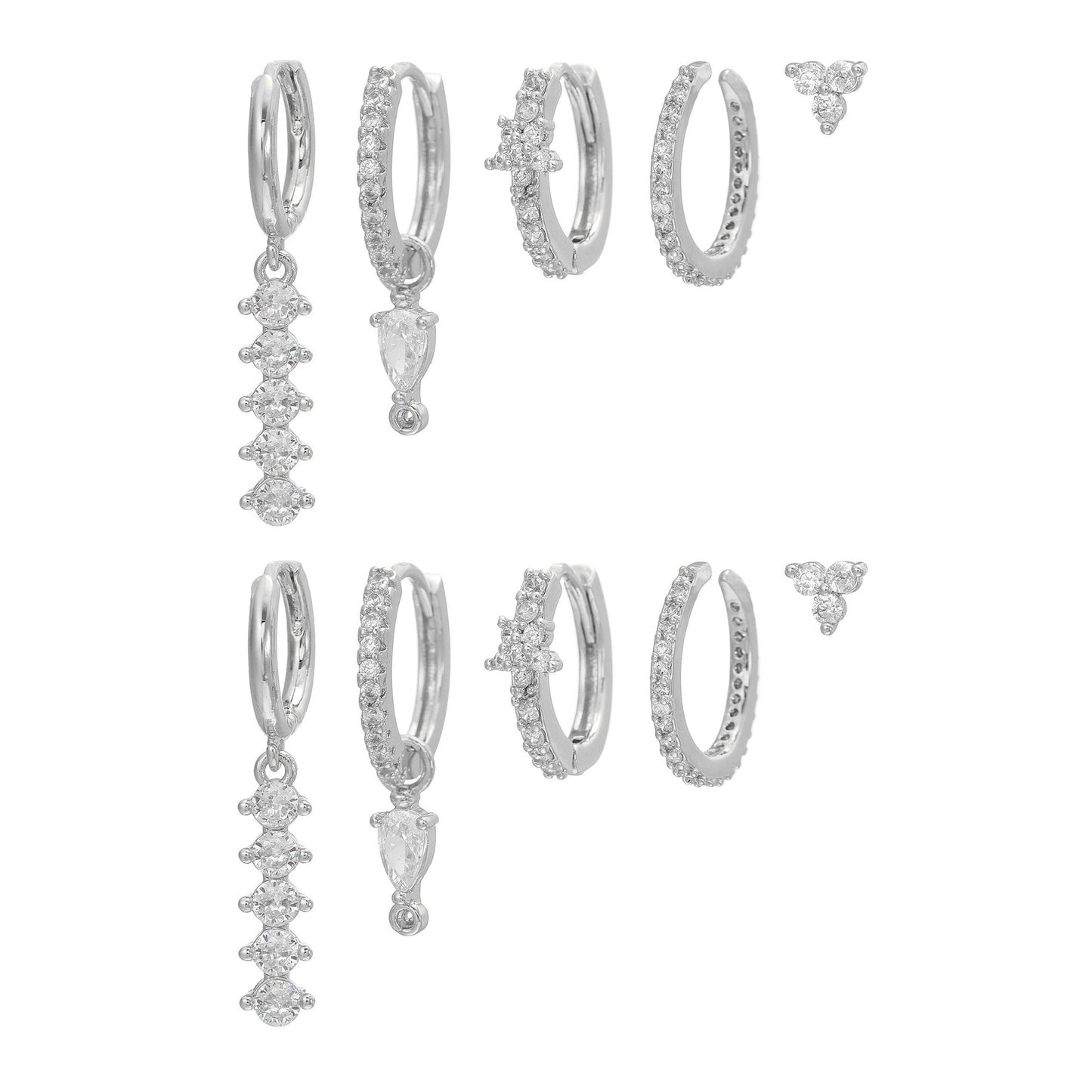 5 Pieces Simple Clover Single-Row Serrated Ear Cuff Earring Set, 18k Gold-Plated Teardrop Zircon Earrings, S925 Needle, Stacked Lobe Designs with Dazzling Zirconia