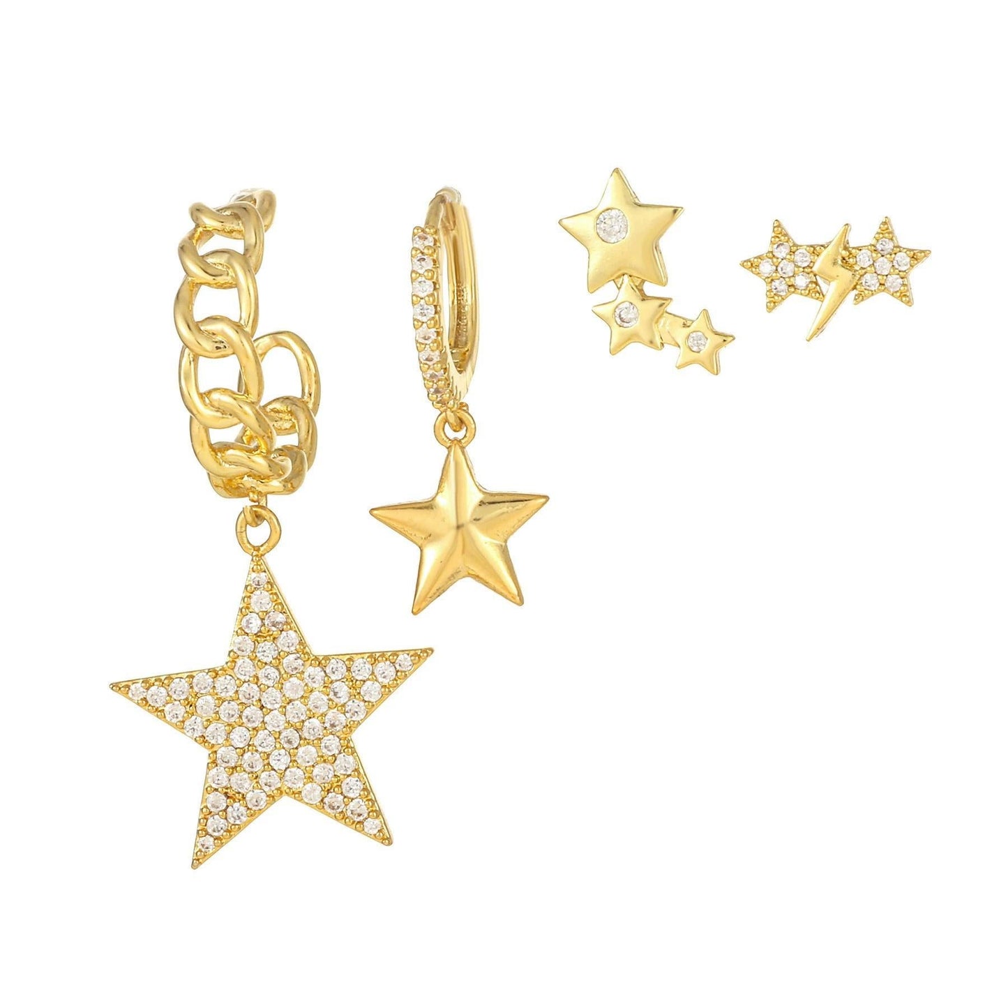 Multi Sets of Chic Star&Moon Earrings, 3-6pcs, 18k Gold Plated Stud Drop Hoop Huggie Cuff Chain, S925 Needle, Stacked Lobe Designs with Dazzling Zirconia