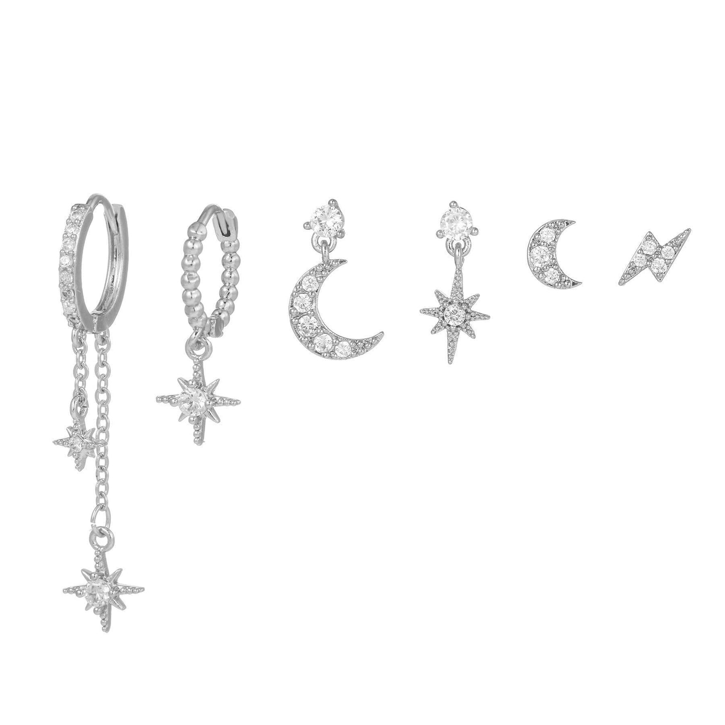 6pcs Celestial Star Moon Earrings Set, S925 Silver Posts, 18K Gold & White Gold Stud Drop Hoop, Stacked Lobe CZ Jewelry Gift Cubic Zirconia