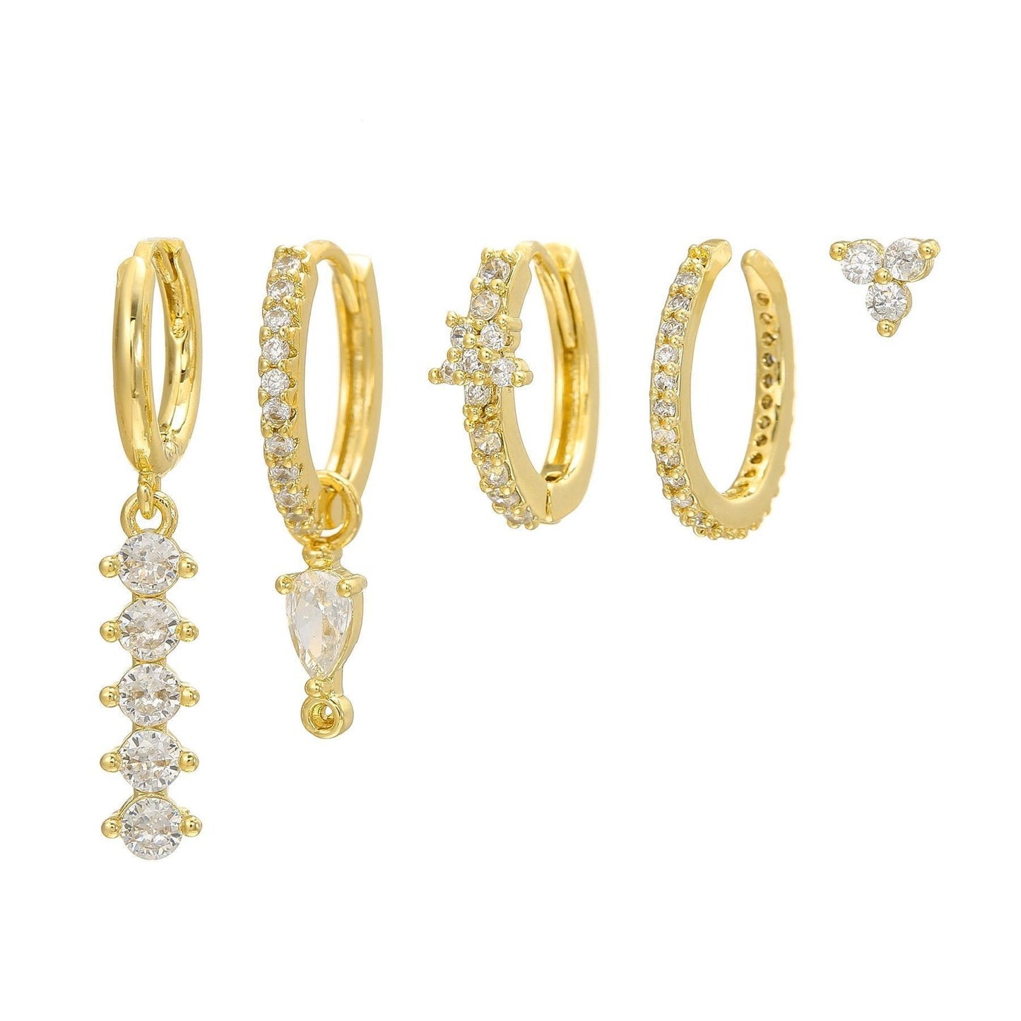5 Pieces Simple Clover Single-Row Serrated Ear Cuff Earring Set, 18k Gold-Plated Teardrop Zircon Earrings, S925 Needle, Stacked Lobe Designs with Dazzling Zirconia