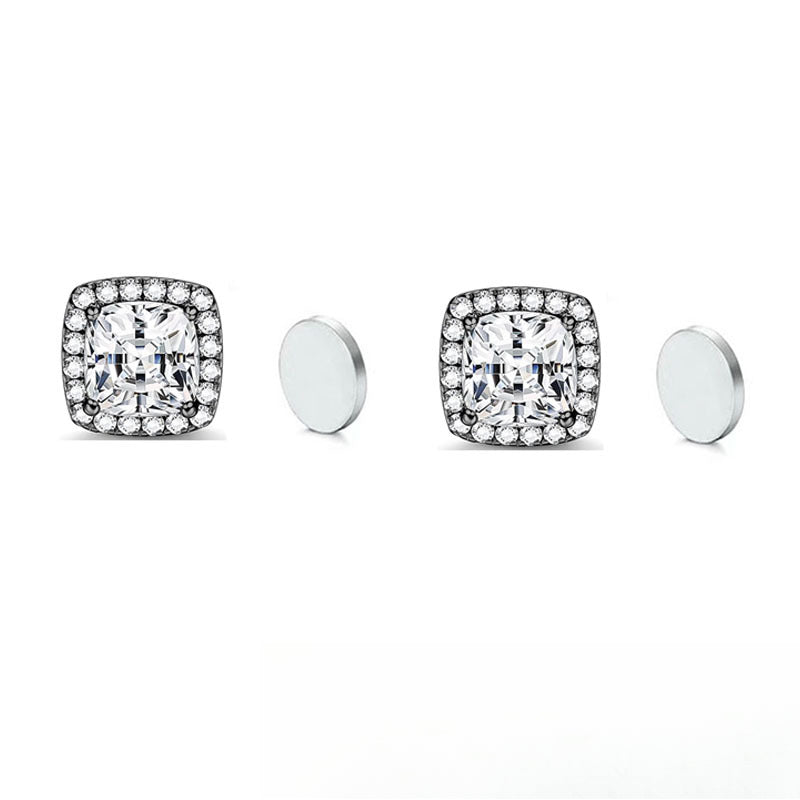 Stainless Steel Magnetic CZ Square Halo Stud Earrings for Men Women, Square Cubic Zirconia Inlaid Magnetic Earrings Non-Piercing Clip On Stud Earring