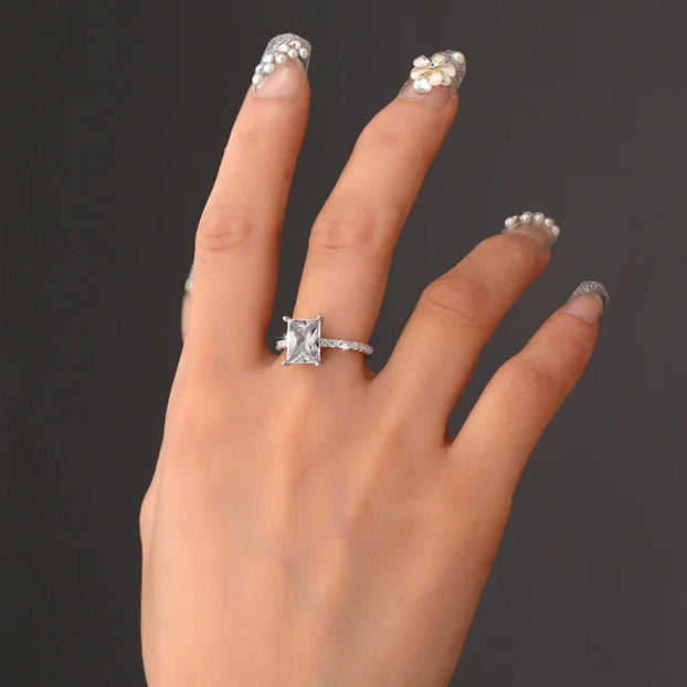 S925 Radiant Cut Moissanite & High Carbon Engagement Ring with Pavé-Set Band, 1-3 Carat VVS1 D-Color Certified, Four-Prong Sterling Silver Ring