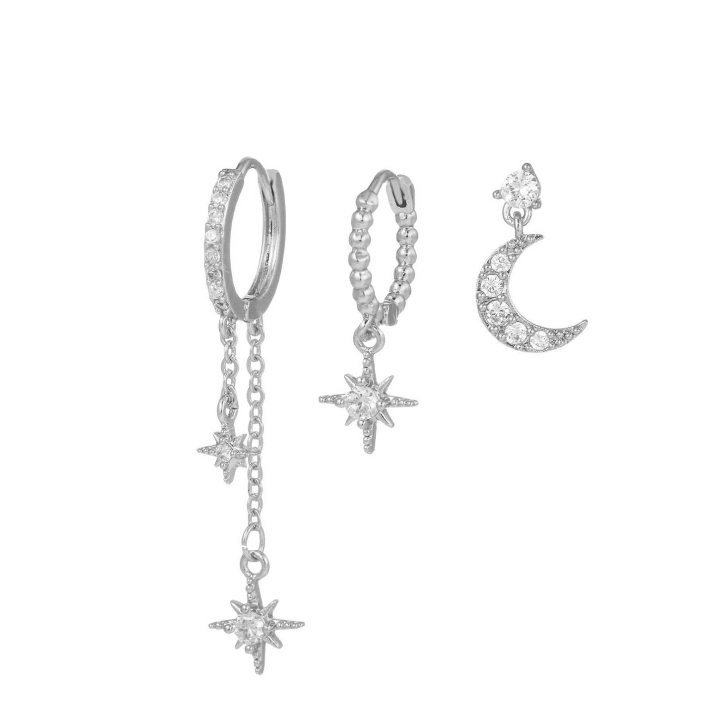 Multi Sets of Chic Star&Moon Earrings, 3-6pcs, 18k Gold Plated Stud Drop Hoop Huggie Cuff Chain, S925 Needle, Stacked Lobe Designs with Dazzling Zirconia