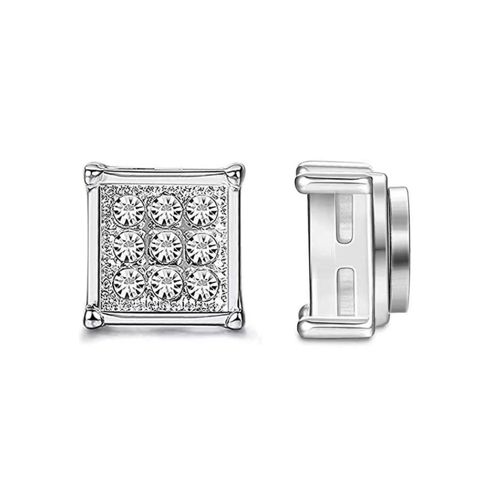 Stainless Steel Magnetic Iced Out CZ Square Stud Earrings for Men Women, 9 Mini Cubic Zirconia Inlaid Magnetic Earrings Non-Piercing Clip On Stud Earring