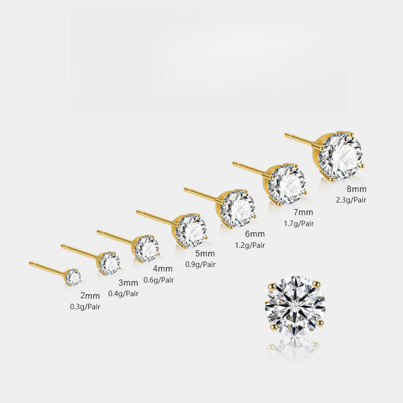 S925 Dazzling Classic 4-Prong CZ Stud Earrings, 2-8mm Round Cubic Zirconia Sterling Silver Earrings, 4 Color Options, Unisex Men Women Daily