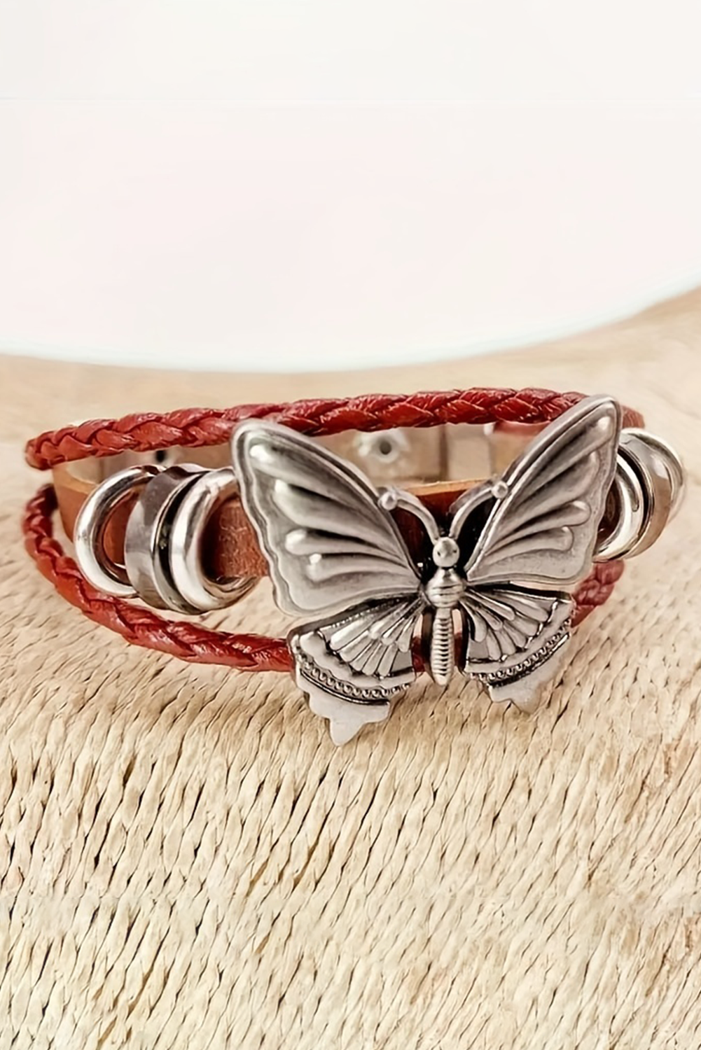 Mineral Red Butterfly Braided Multi Layer Adjustable Bracelet