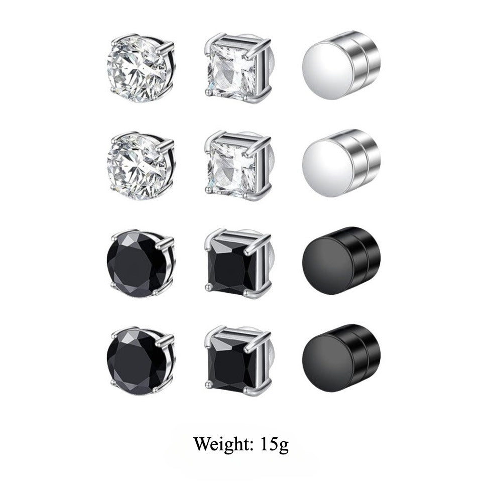 Multi Sets of Stainless Steel Magnetic CZ Stud Earrings for Men Women, 6mm Cubic Zirconia Inlaid Hypoallergenic Earring Packs, Non-Piercing Clip On Earring Combo