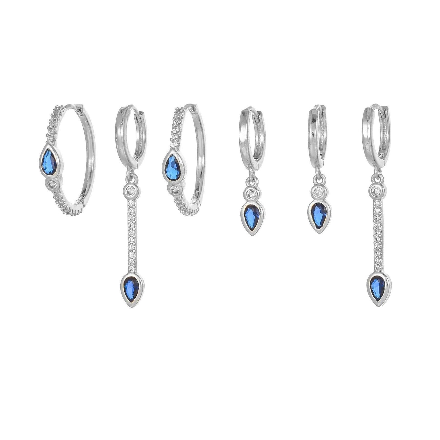 Multi Sets of Blue Flower Pierced Earrings, 4-6pcs, 18k Gold Plated Stud Drop Hoop Huggie Cuff Chain, S925 Needle, Stacked Lobe Designs with Dazzling Zirconia