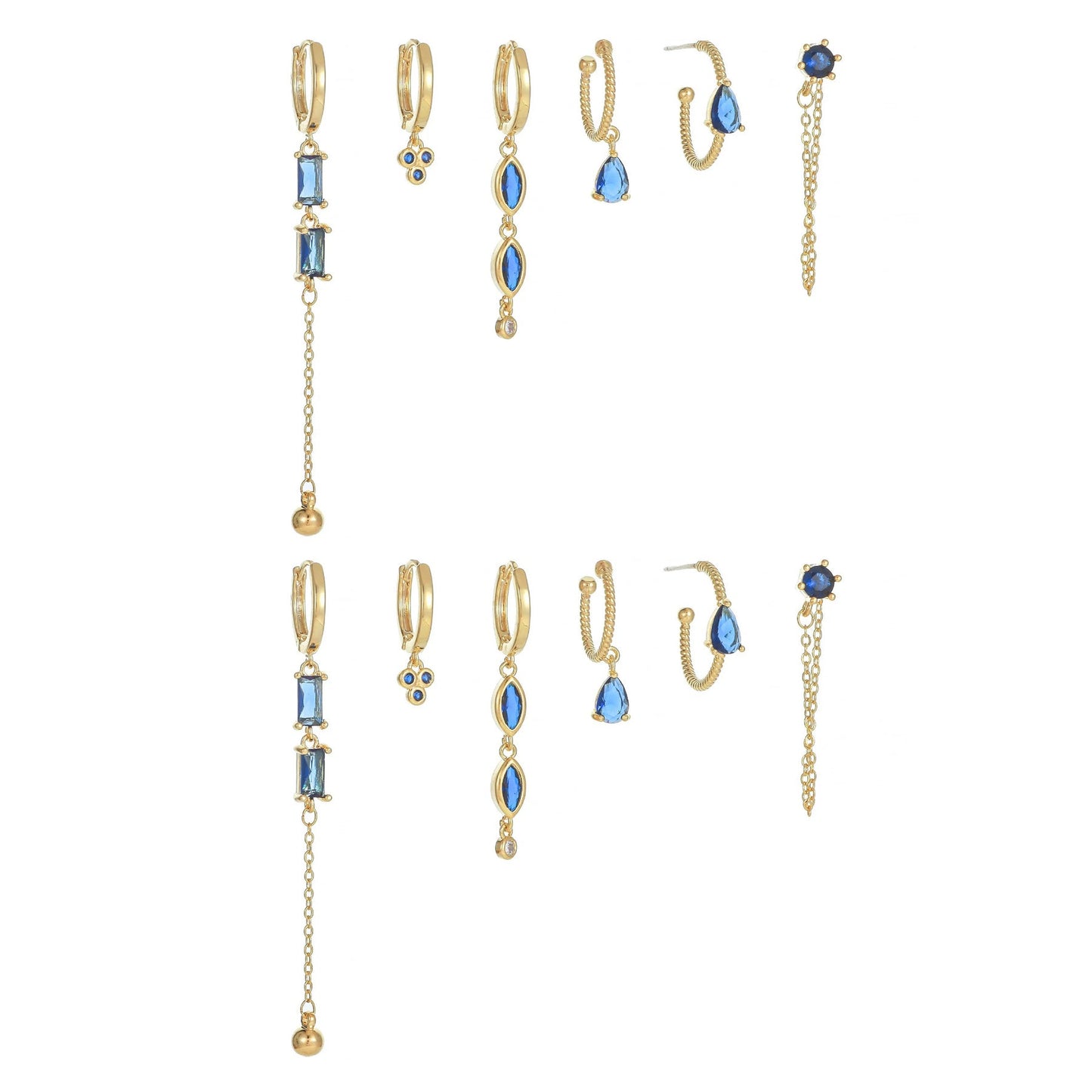 6 Pieces Long Tassel Vintage Earring Set with Micro-Pavé Dazzling Blue Zircons, 18k Gold Plated Ear Studs & Ear Drops, S925 Needle, Stacked Lobe Designs with Dazzling Zirconia
