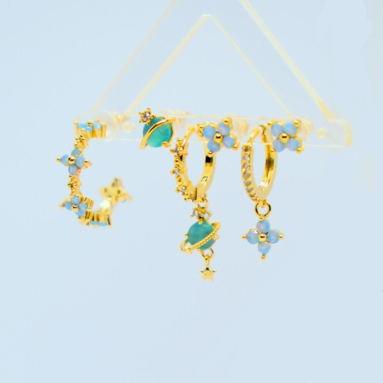 6 Pieces Blue Flower Pierced Earring Set with Zircon, 18k Gold Plated Ear Studs and Ear Drops, Women's Fashion Jewelry for Party Daily Stacked Lobe Earrings