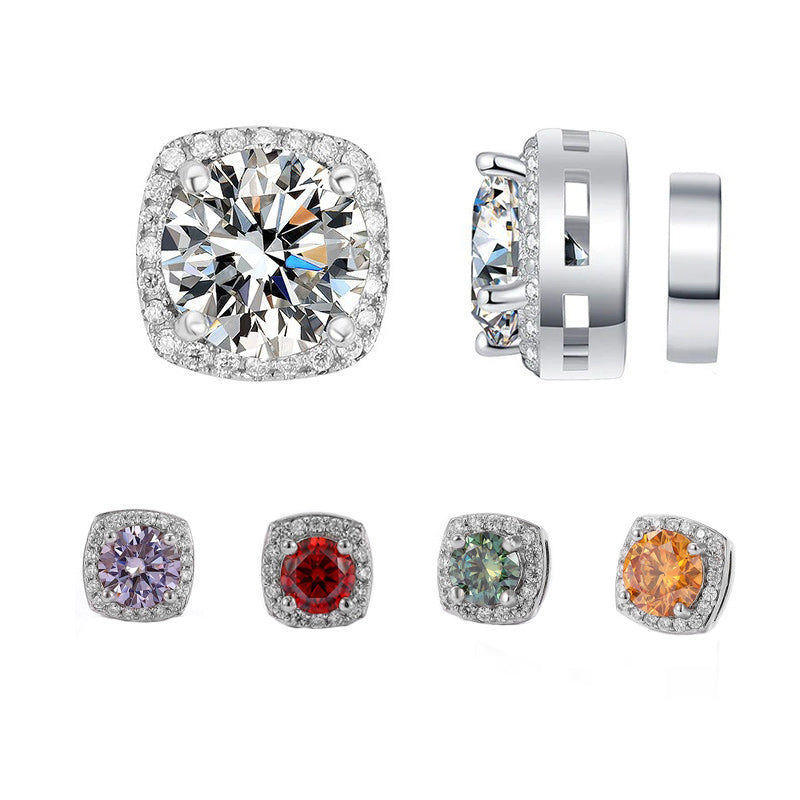 S925 Magnetic Multicolor Moissanite Square Halo Stud Earrings for Men Women, 0.5/1ct Round Cut, Inlaid Magnetic Earrings Non-Piercing Clip On Stud Earring