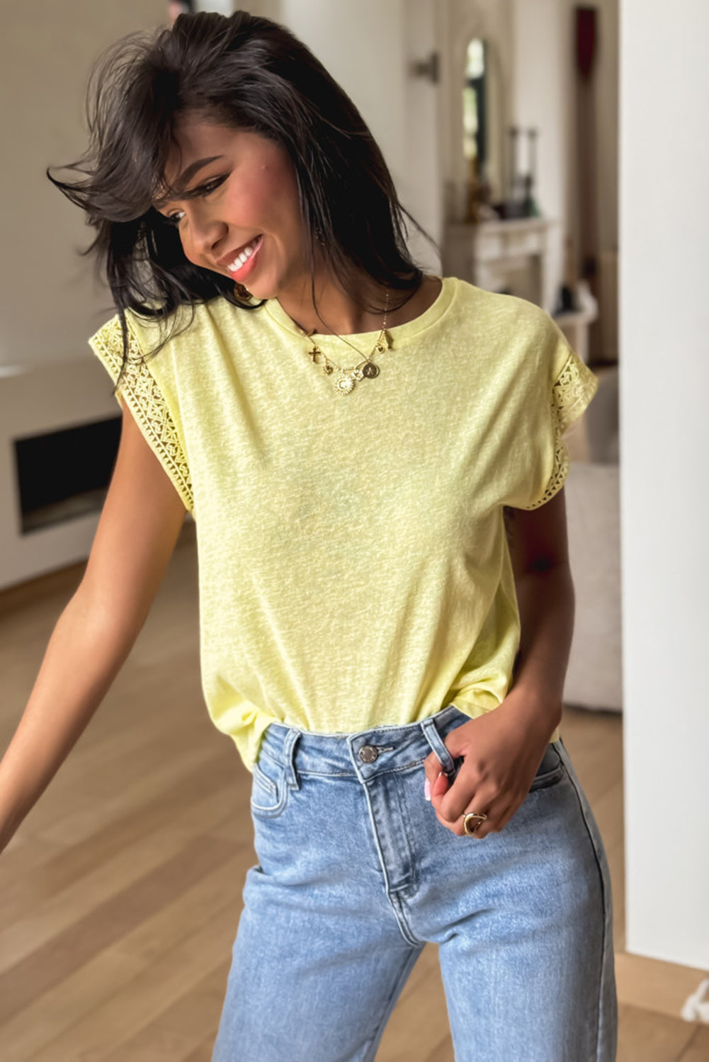 Yellow Cream Lace Patchwork Cap Sleeve Round Neck Top