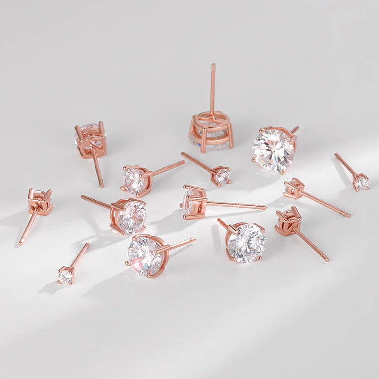 S925 Dazzling Classic 4-Prong CZ Stud Earrings, 2-8mm Round Cubic Zirconia Sterling Silver Earrings, 4 Color Options, Unisex Men Women Daily