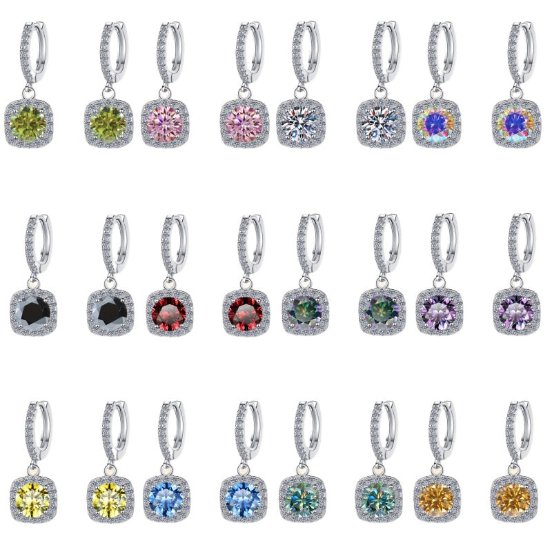 S925 Rainbow Green Moissanite Square Halo Earrings with Pavé-Set Halo & Hoop, 1ct D-Grade VVS1 Round Moissanite with GAR certification, Sterling Silver Earrings